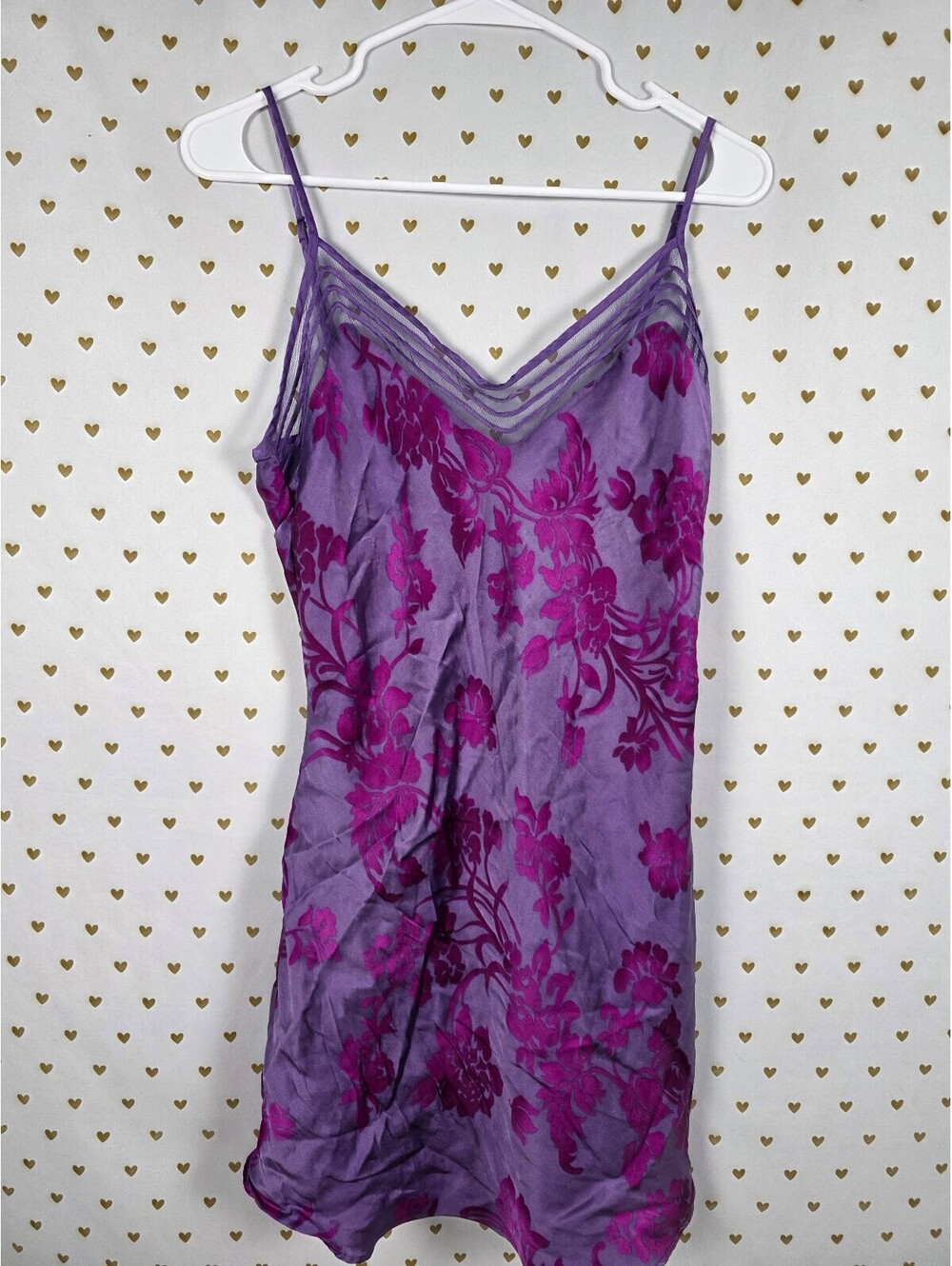 Vintage Victoria's Secret 100% Silk Purple Floral Slip Chemise L Y2K